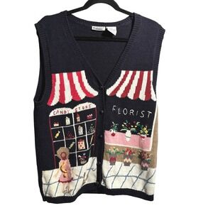 Vintage Candy Store Florist Downtown Store Scene Knit Sweater Vest S Grannycore